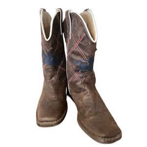 YeeHaw Roper Kids Cowboy Boots NWOT Brown Blue Bucking Horse Red CC Youth 3